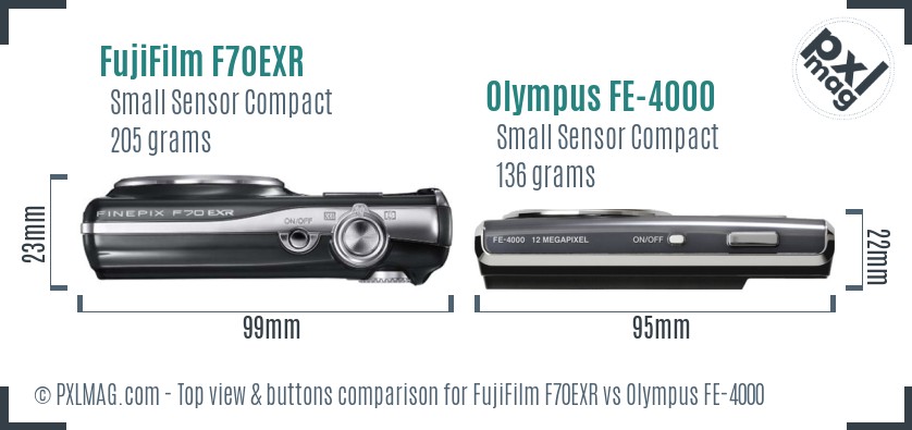 FujiFilm F70EXR vs Olympus FE-4000 top view buttons comparison