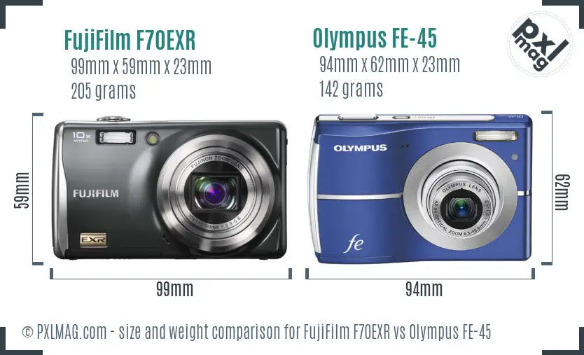 FujiFilm F70EXR vs Olympus FE-45 size comparison