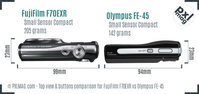 FujiFilm F70EXR vs Olympus FE-45 top view buttons comparison