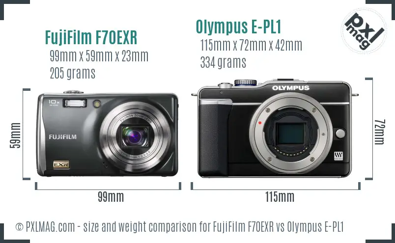 FujiFilm F70EXR vs Olympus E-PL1 size comparison