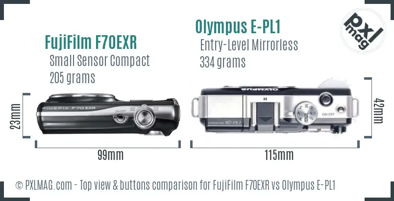 FujiFilm F70EXR vs Olympus E-PL1 top view buttons comparison