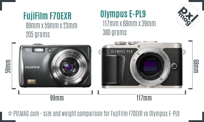 FujiFilm F70EXR vs Olympus E-PL9 size comparison