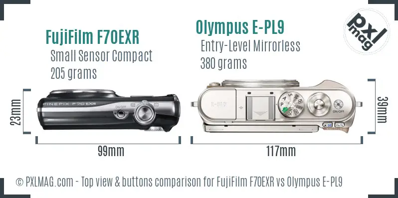 FujiFilm F70EXR vs Olympus E-PL9 top view buttons comparison