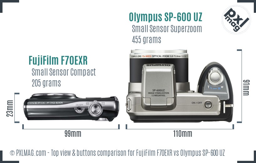 FujiFilm F70EXR vs Olympus SP-600 UZ top view buttons comparison