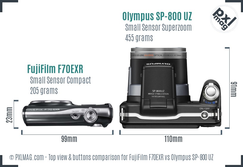 FujiFilm F70EXR vs Olympus SP-800 UZ top view buttons comparison
