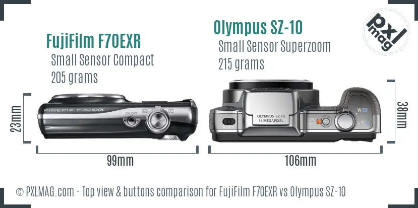 FujiFilm F70EXR vs Olympus SZ-10 top view buttons comparison