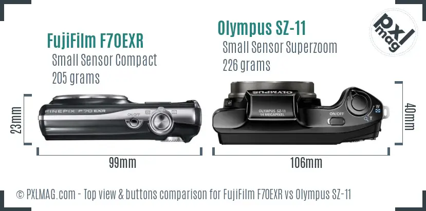 FujiFilm F70EXR vs Olympus SZ-11 top view buttons comparison