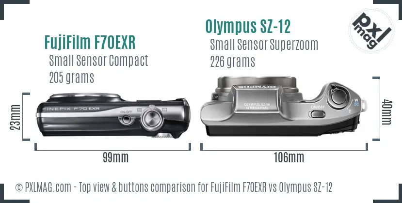 FujiFilm F70EXR vs Olympus SZ-12 top view buttons comparison