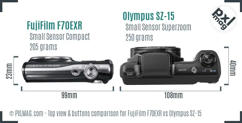 FujiFilm F70EXR vs Olympus SZ-15 top view buttons comparison