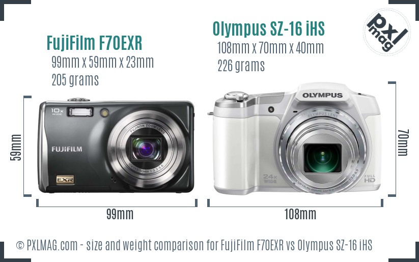 FujiFilm F70EXR vs Olympus SZ-16 iHS size comparison FujiFilm F70EXR vs Olympus SZ-16 iHS size comparison