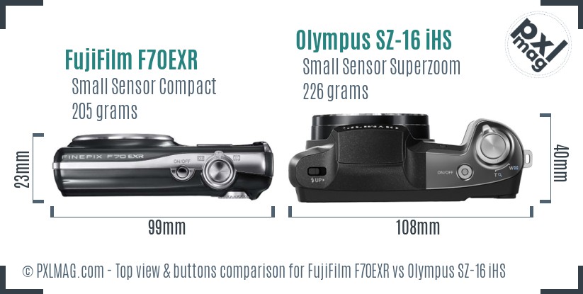 FujiFilm F70EXR vs Olympus SZ-16 iHS top view buttons comparison