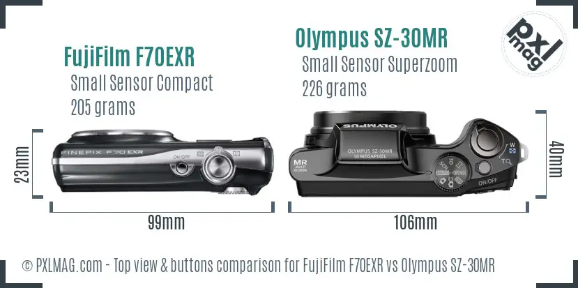 FujiFilm F70EXR vs Olympus SZ-30MR top view buttons comparison