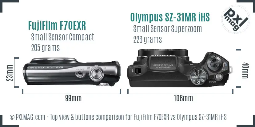 FujiFilm F70EXR vs Olympus SZ-31MR iHS top view buttons comparison FujiFilm F70EXR vs Olympus SZ-31MR iHS top view buttons comparison