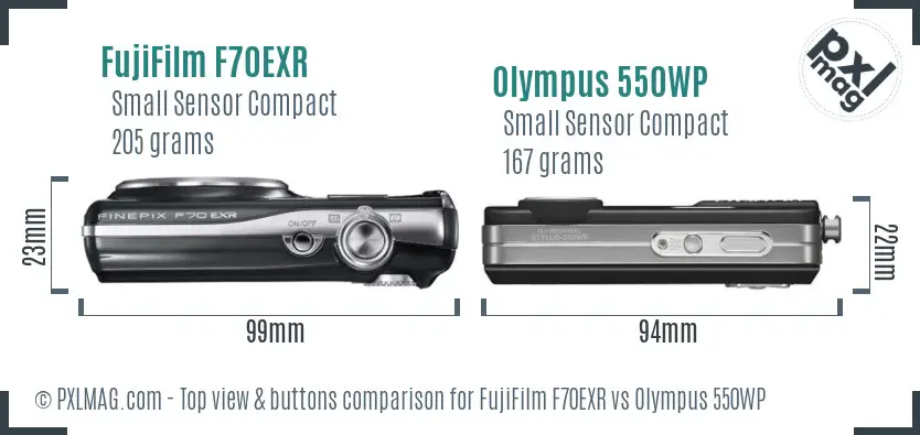 FujiFilm F70EXR vs Olympus 550WP top view buttons comparison