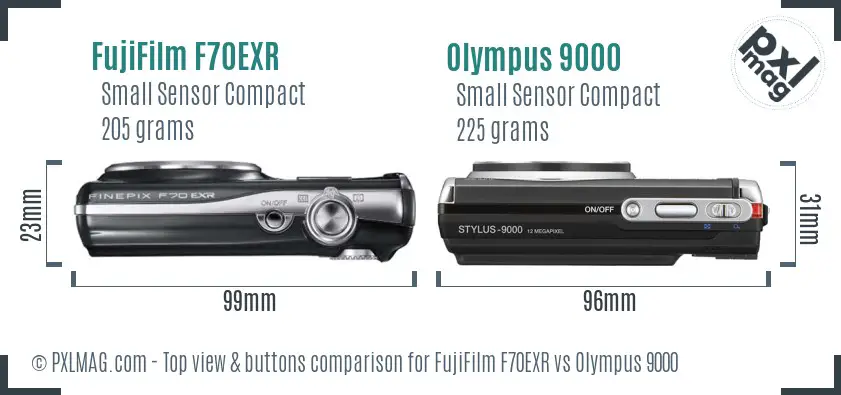 FujiFilm F70EXR vs Olympus 9000 top view buttons comparison