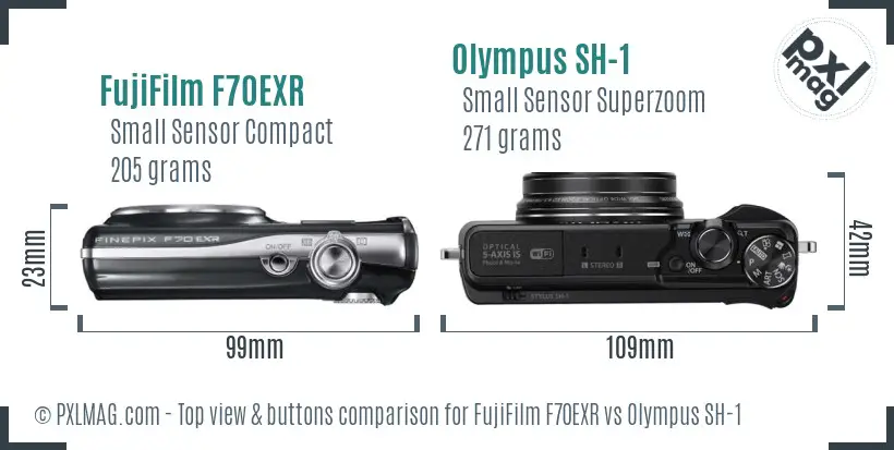 FujiFilm F70EXR vs Olympus SH-1 top view buttons comparison