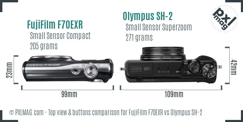 FujiFilm F70EXR vs Olympus SH-2 top view buttons comparison