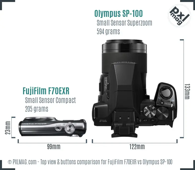 FujiFilm F70EXR vs Olympus SP-100 top view buttons comparison