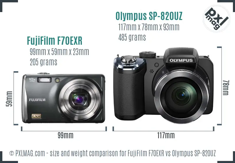 FujiFilm F70EXR vs Olympus SP-820UZ size comparison FujiFilm F70EXR vs Olympus SP-820UZ size comparison