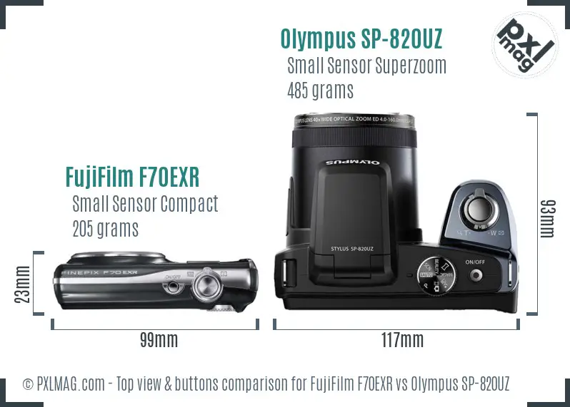 FujiFilm F70EXR vs Olympus SP-820UZ top view buttons comparison FujiFilm F70EXR vs Olympus SP-820UZ top view buttons comparison