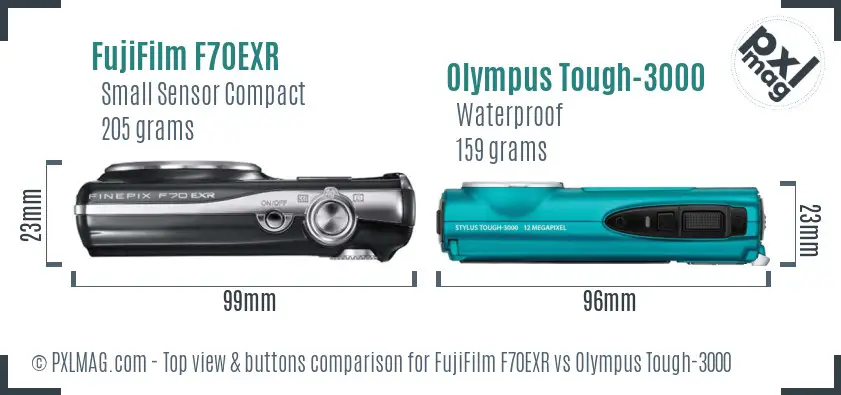 FujiFilm F70EXR vs Olympus Tough-3000 top view buttons comparison