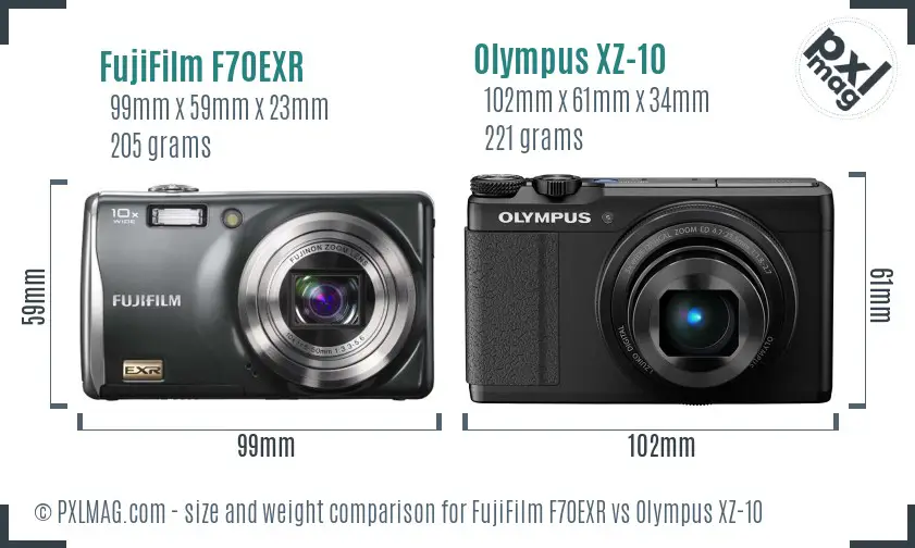 FujiFilm F70EXR vs Olympus XZ-10 size comparison FujiFilm F70EXR vs Olympus XZ-10 size comparison