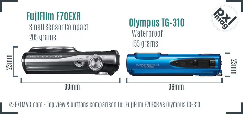 FujiFilm F70EXR vs Olympus TG-310 top view buttons comparison FujiFilm F70EXR vs Olympus TG-310 top view buttons comparison