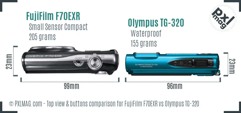 FujiFilm F70EXR vs Olympus TG-320 top view buttons comparison