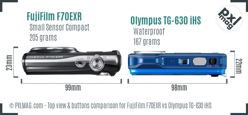 FujiFilm F70EXR vs Olympus TG-630 iHS top view buttons comparison