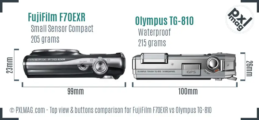 FujiFilm F70EXR vs Olympus TG-810 top view buttons comparison