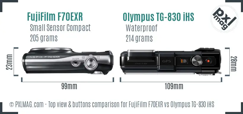 FujiFilm F70EXR vs Olympus TG-830 iHS top view buttons comparison FujiFilm F70EXR vs Olympus TG-830 iHS top view buttons comparison