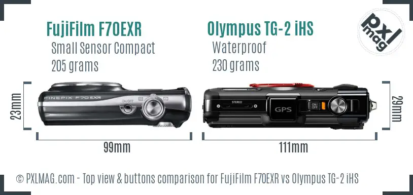 FujiFilm F70EXR vs Olympus TG-2 iHS top view buttons comparison