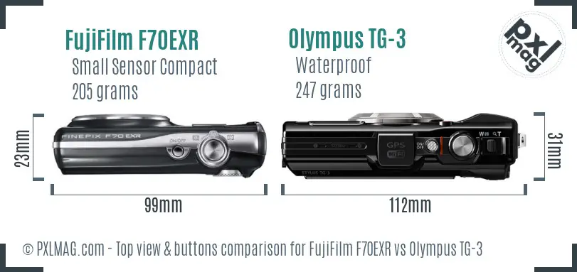 FujiFilm F70EXR vs Olympus TG-3 top view buttons comparison