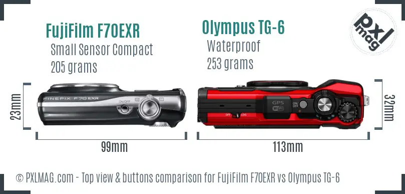 FujiFilm F70EXR vs Olympus TG-6 top view buttons comparison