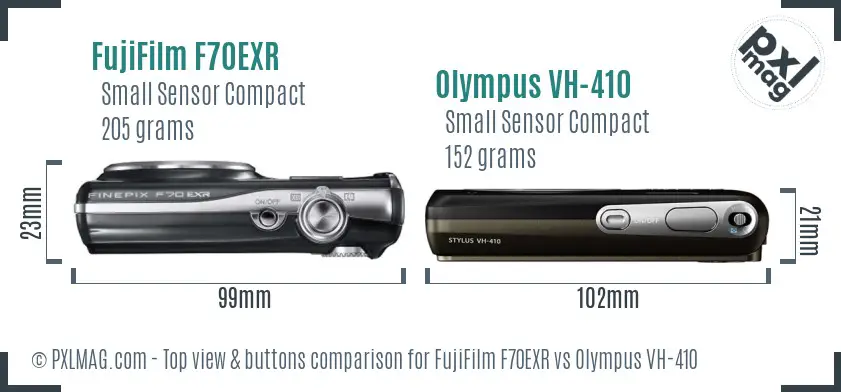 FujiFilm F70EXR vs Olympus VH-410 top view buttons comparison