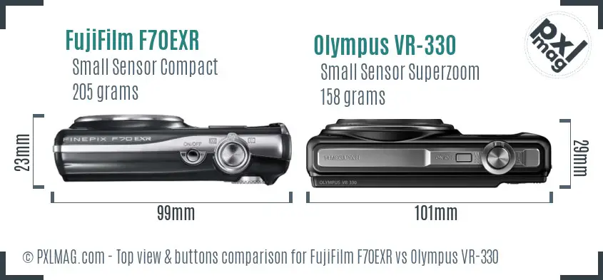 FujiFilm F70EXR vs Olympus VR-330 top view buttons comparison