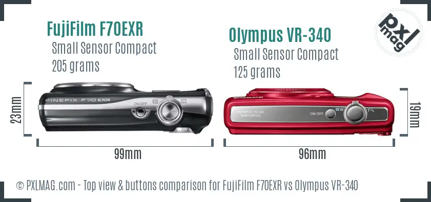 FujiFilm F70EXR vs Olympus VR-340 top view buttons comparison