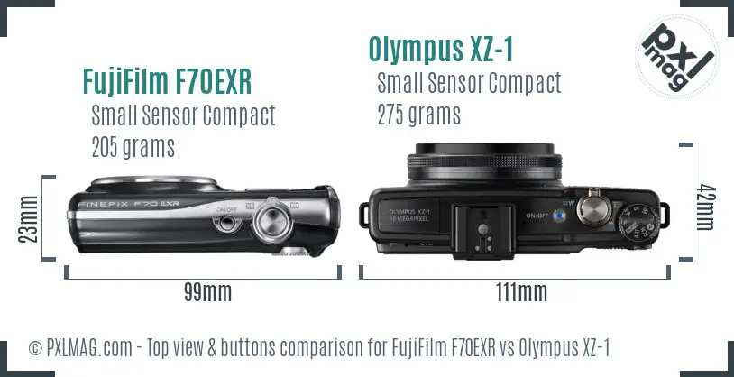 FujiFilm F70EXR vs Olympus XZ-1 top view buttons comparison FujiFilm F70EXR vs Olympus XZ-1 top view buttons comparison