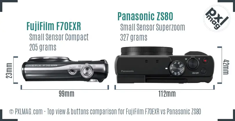 FujiFilm F70EXR vs Panasonic ZS80 top view buttons comparison