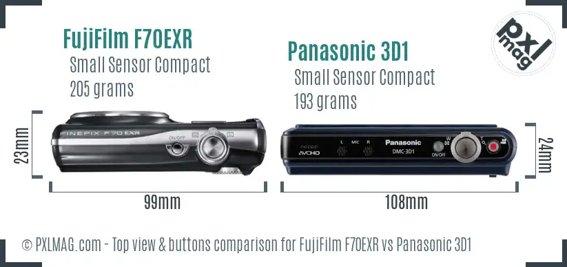 FujiFilm F70EXR vs Panasonic 3D1 top view buttons comparison FujiFilm F70EXR vs Panasonic 3D1 top view buttons comparison