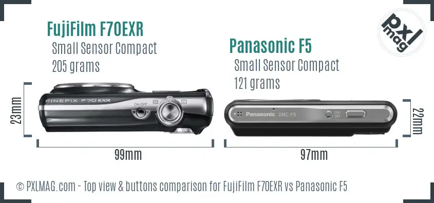 FujiFilm F70EXR vs Panasonic F5 top view buttons comparison FujiFilm F70EXR vs Panasonic F5 top view buttons comparison