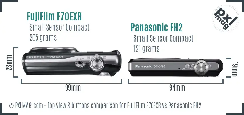 FujiFilm F70EXR vs Panasonic FH2 top view buttons comparison