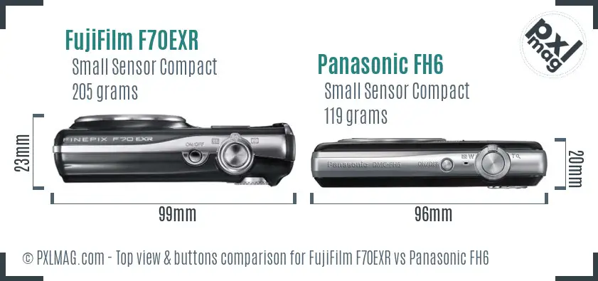 FujiFilm F70EXR vs Panasonic FH6 top view buttons comparison FujiFilm F70EXR vs Panasonic FH6 top view buttons comparison