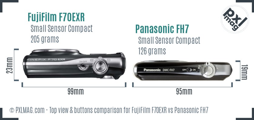 FujiFilm F70EXR vs Panasonic FH7 top view buttons comparison