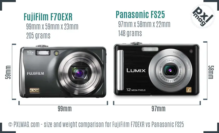 FujiFilm F70EXR vs Panasonic FS25 size comparison