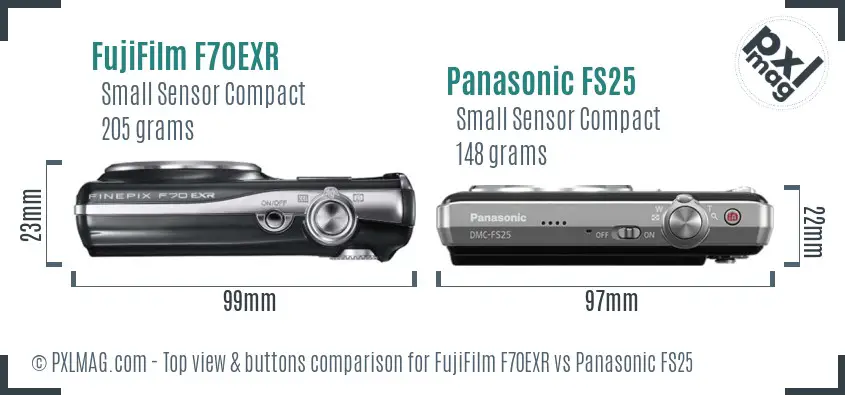 FujiFilm F70EXR vs Panasonic FS25 top view buttons comparison