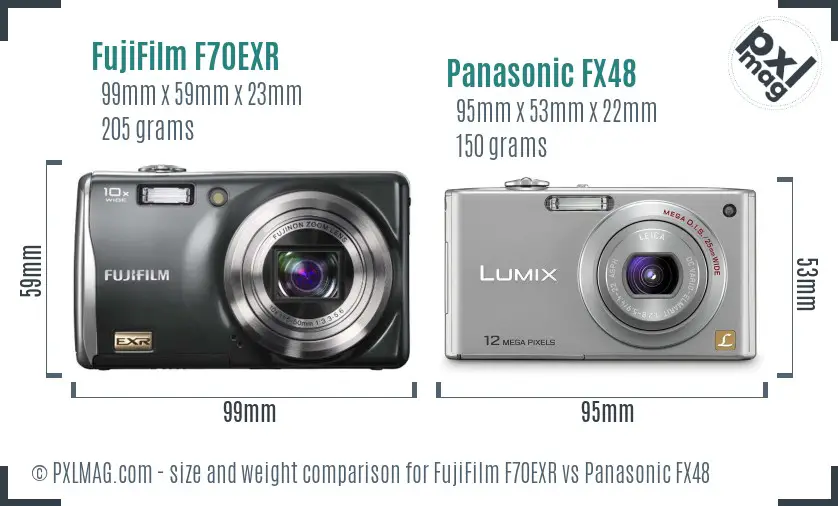 FujiFilm F70EXR vs Panasonic FX48 size comparison