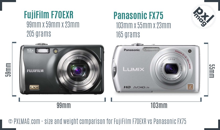 FujiFilm F70EXR vs Panasonic FX75 size comparison