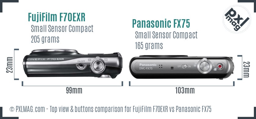 FujiFilm F70EXR vs Panasonic FX75 top view buttons comparison