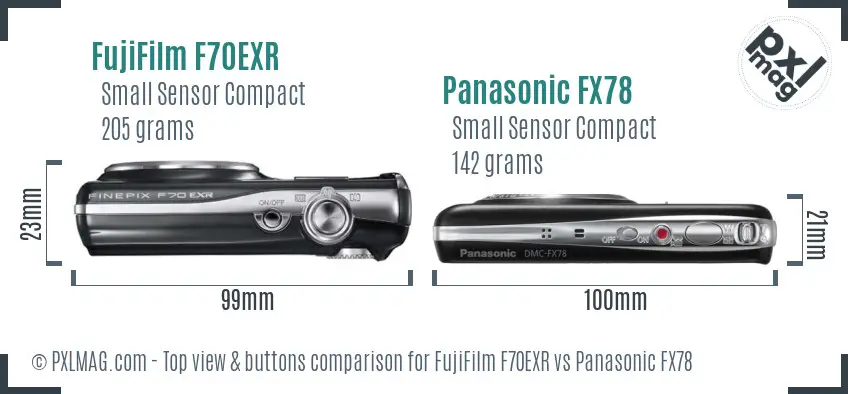 FujiFilm F70EXR vs Panasonic FX78 top view buttons comparison FujiFilm F70EXR vs Panasonic FX78 top view buttons comparison